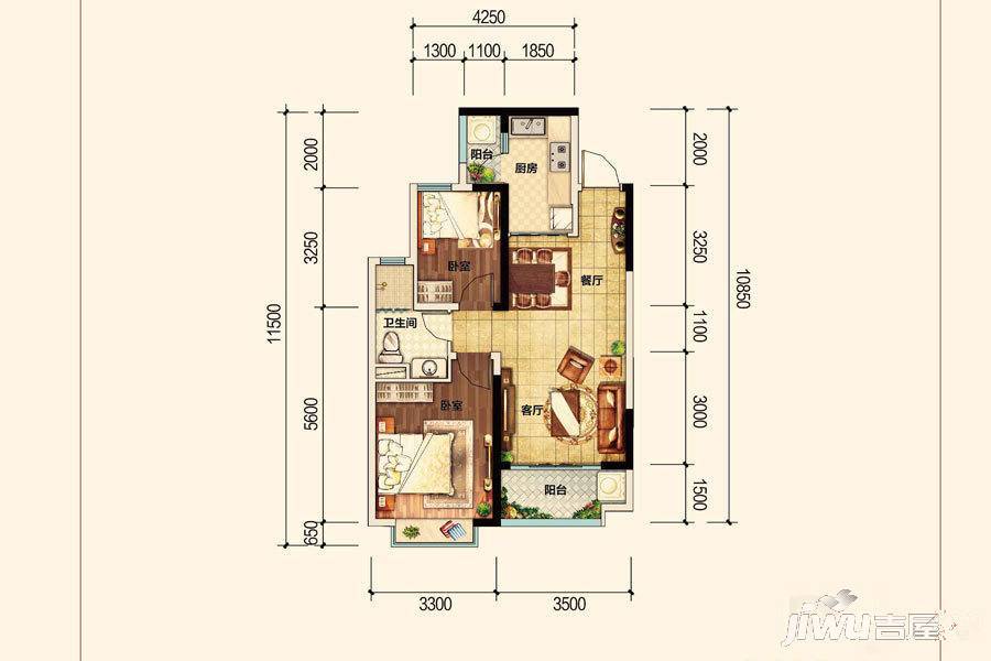 昆明恒大名都2室2厅1卫77㎡户型图