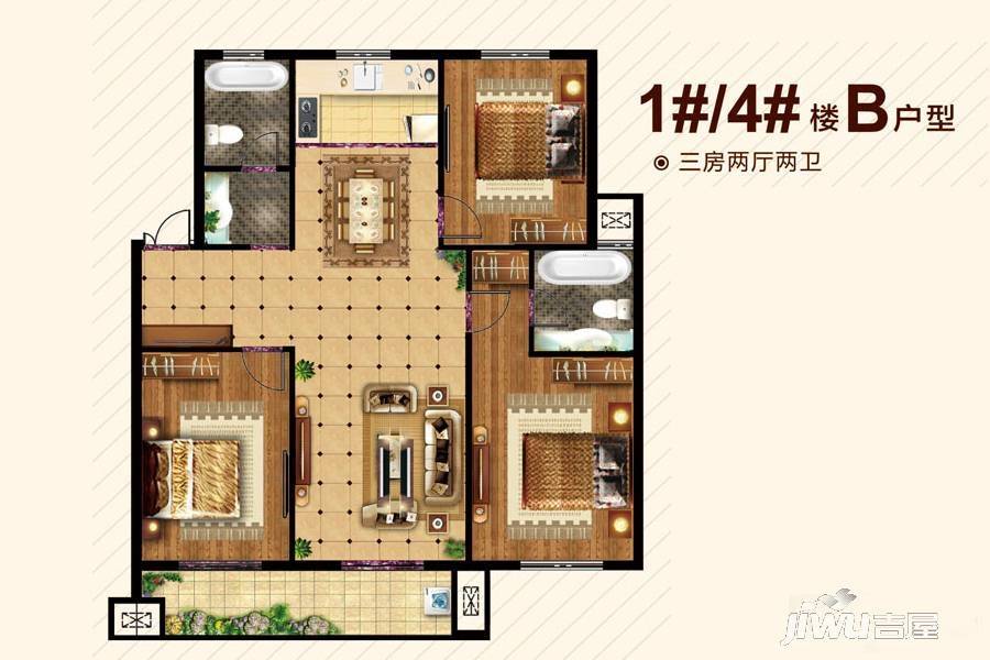 颐湖园智慧社区3室2厅2卫125.1㎡户型图