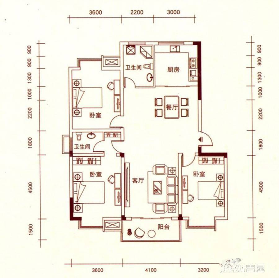 仙鹤湾公寓3室2厅1卫130㎡户型图