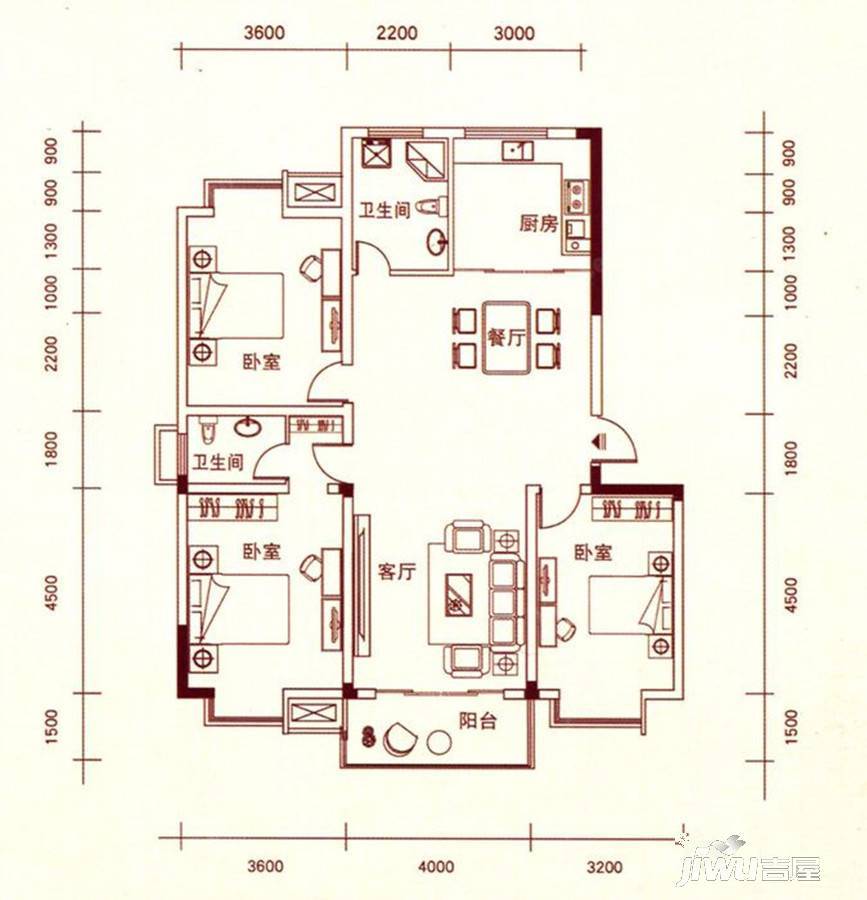 仙鹤湾公寓3室2厅2卫130㎡户型图