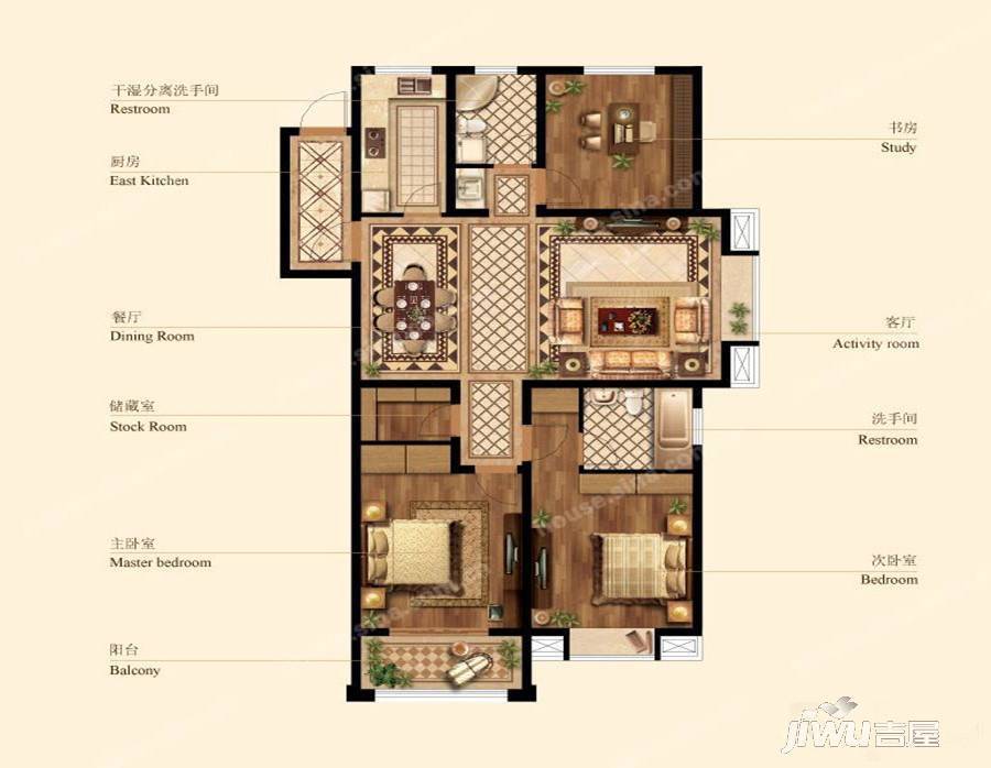 上海花园3室2厅2卫129㎡户型图