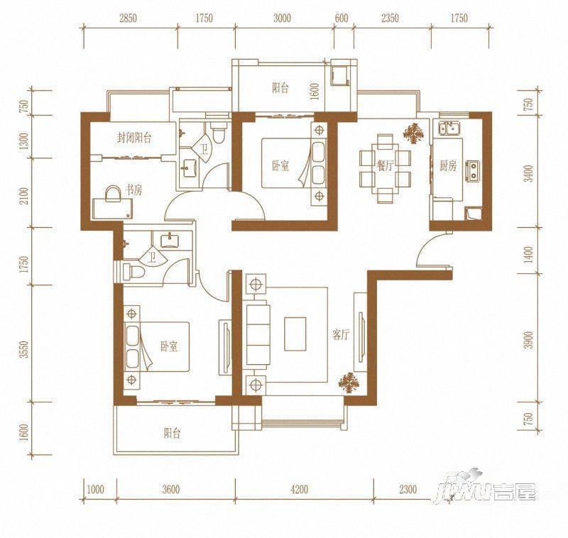 禹州城市广场3室2厅2卫130㎡户型图