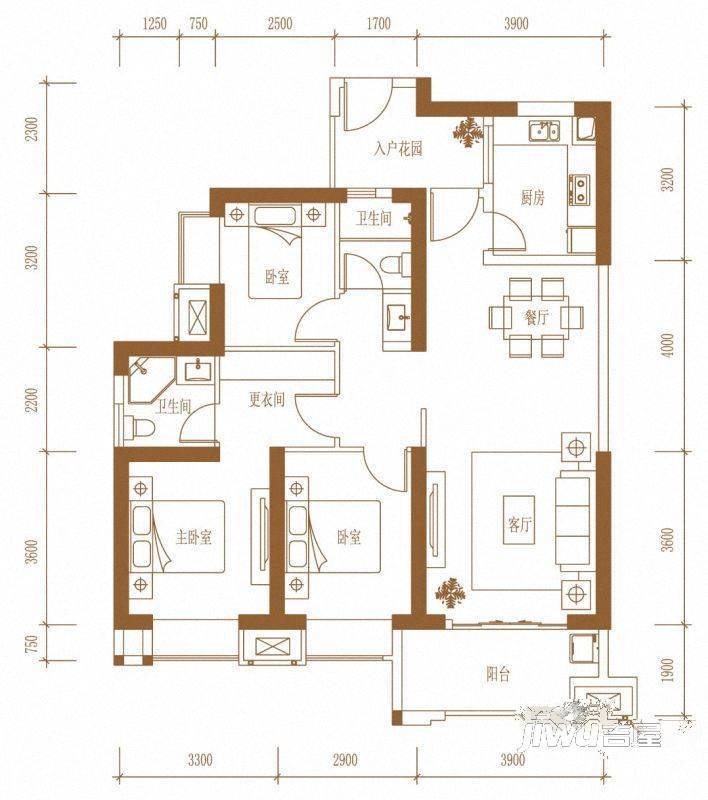 禹州城市广场3室2厅2卫120㎡户型图