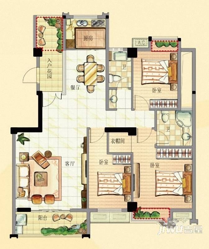 翔豪新城3室2厅2卫122㎡户型图