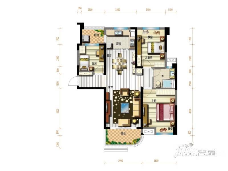 南安碧桂园3室2厅1卫121㎡户型图