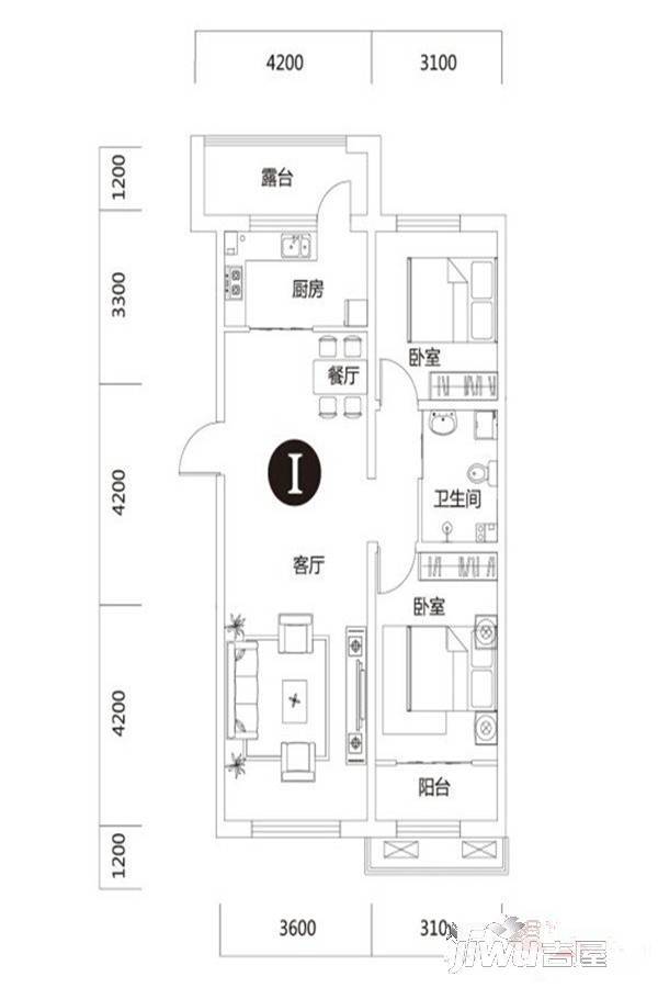 华方中央首府2室2厅1卫103.7㎡户型图