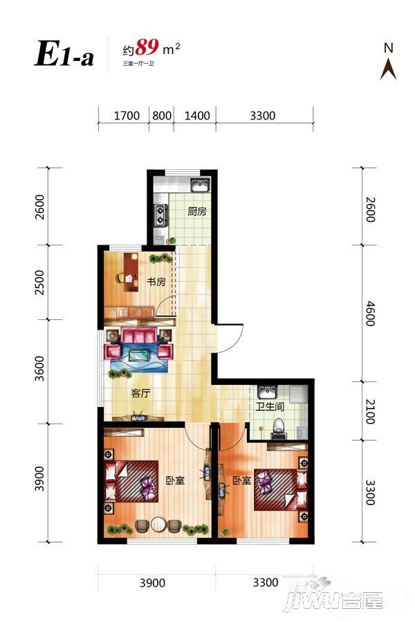 像素公园3室1厅1卫89㎡户型图