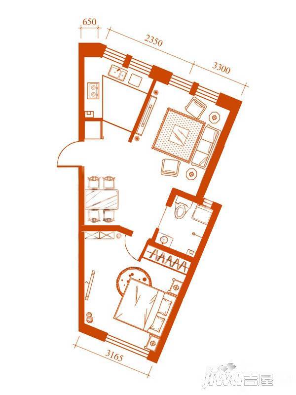 梦想公馆1室2厅1卫68㎡户型图