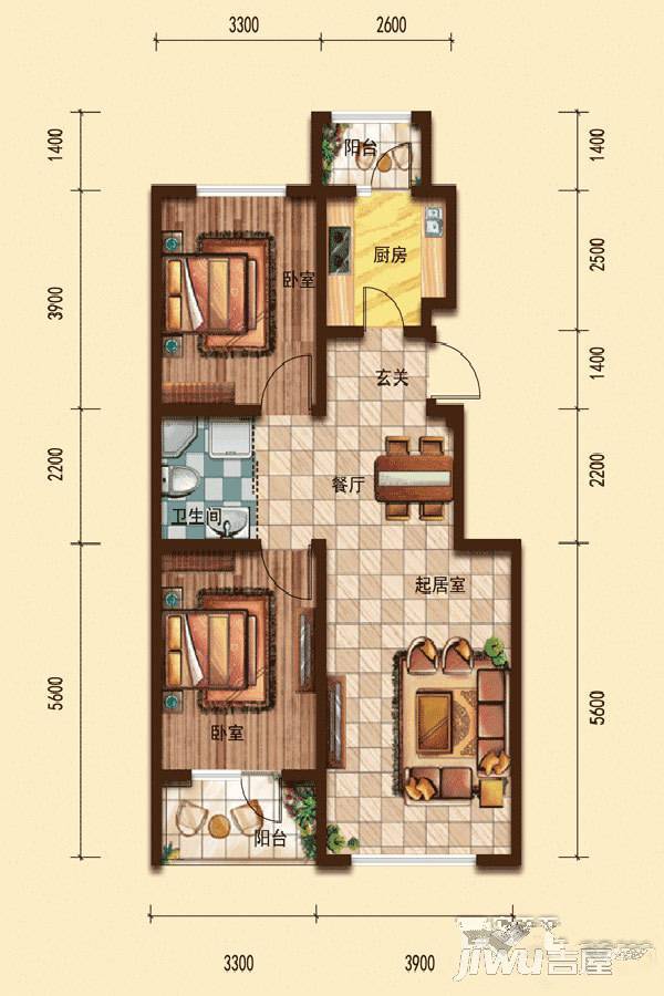 新大赛维利亚小镇2室2厅1卫96.5㎡户型图