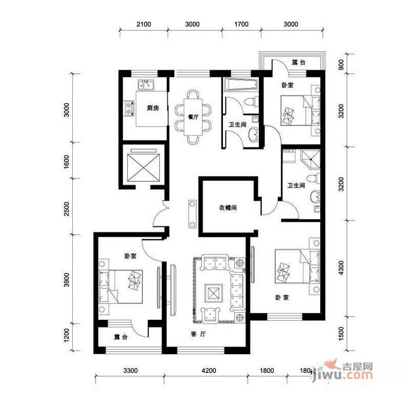 汉森香榭里3室2厅2卫140㎡户型图