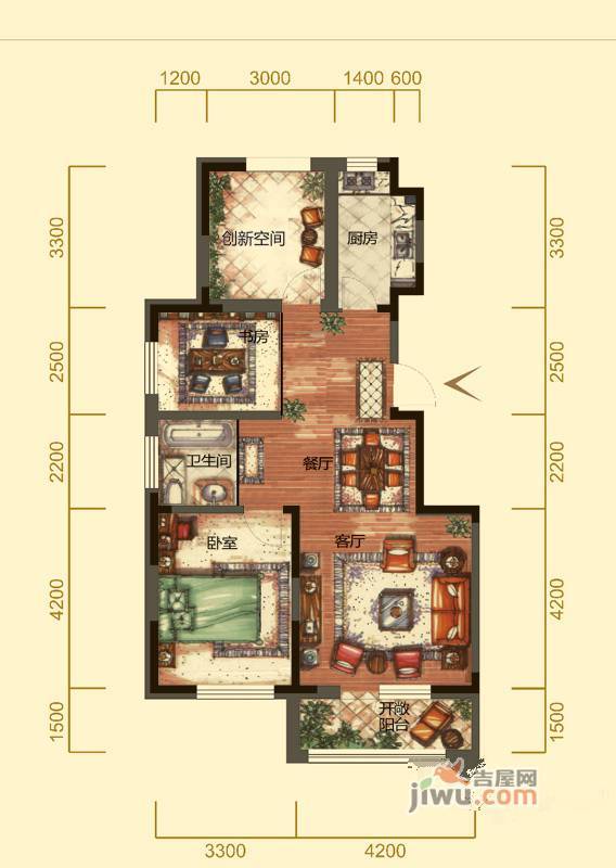 澳海東方1號3室2厅1卫98㎡户型图