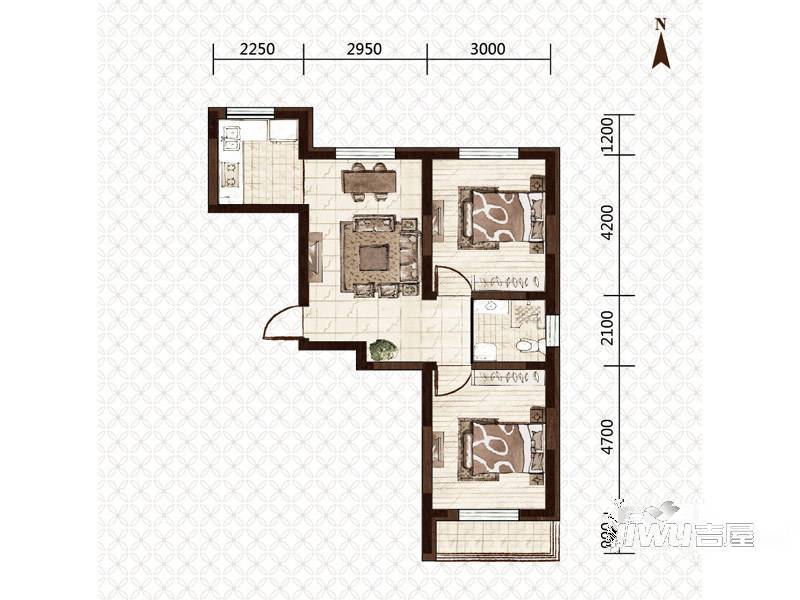 益和国际城2室1厅1卫74.3㎡户型图