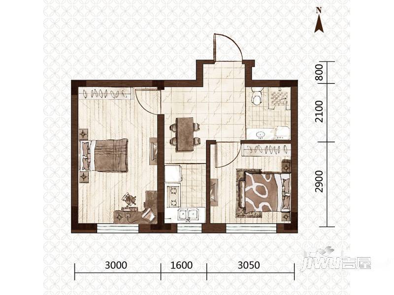 益和国际城2室1厅1卫48.5㎡户型图