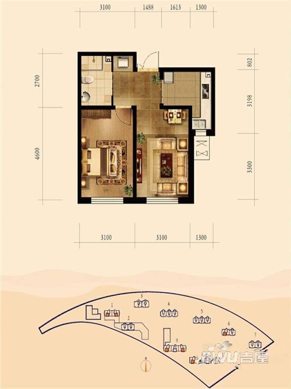 中铁香堤美郡1室2厅1卫60.2㎡户型图