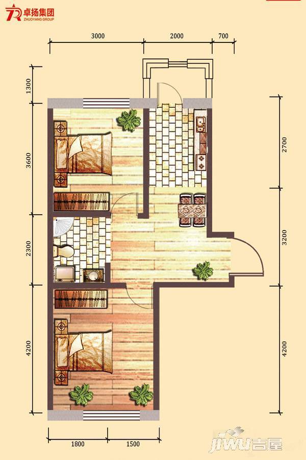 卓扬中华城2室1厅1卫63.5㎡户型图