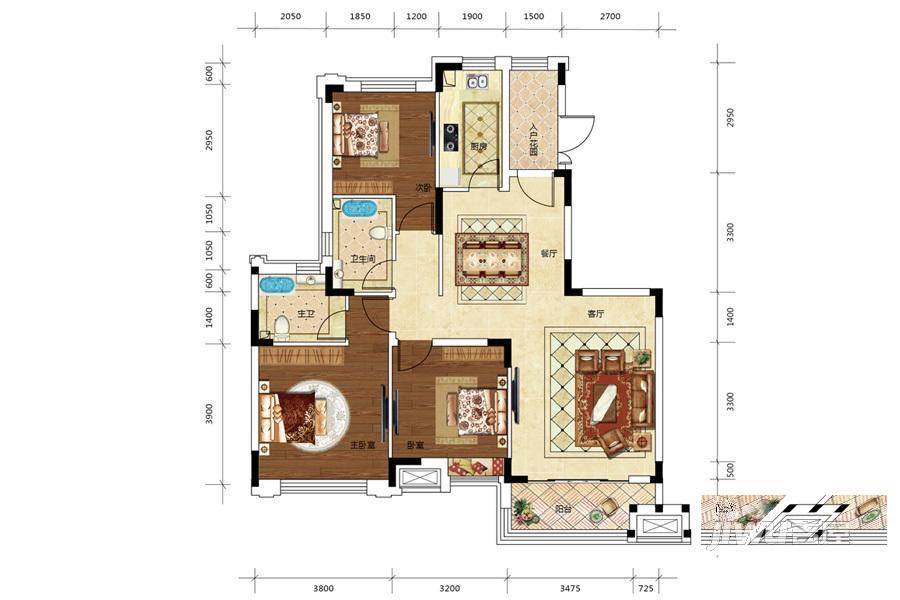 恒大净月公馆3室2厅2卫126㎡户型图