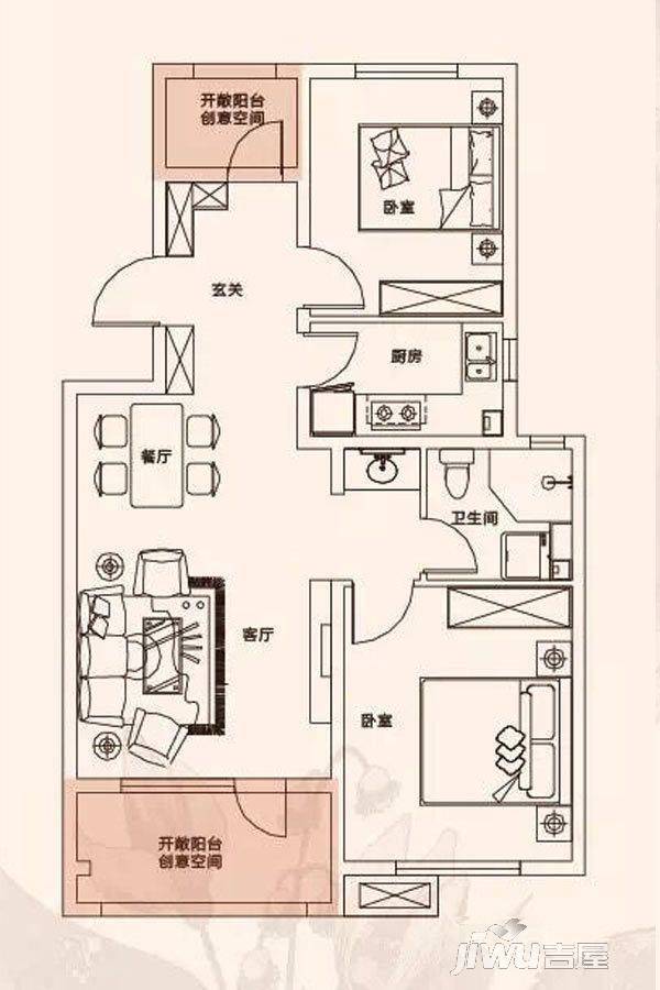 奥体玉园2室2厅1卫85㎡户型图