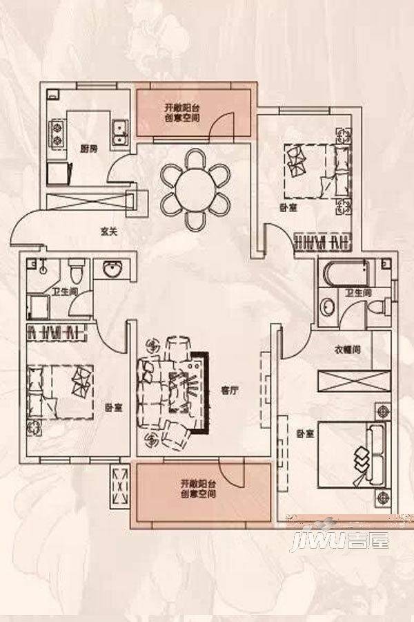 奥体玉园3室2厅2卫133㎡户型图