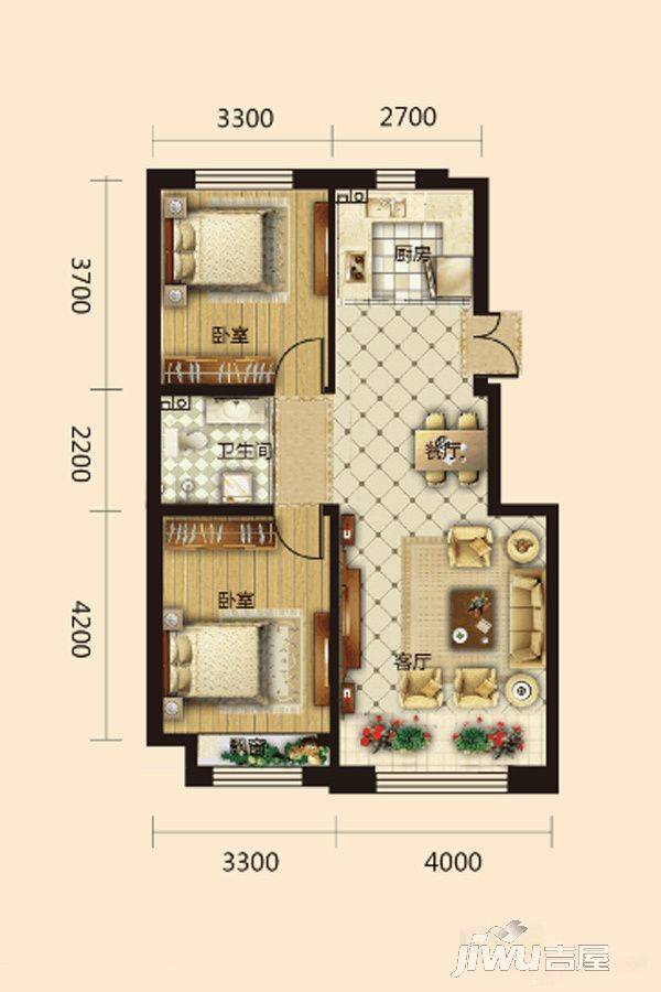 米澜国际三期2室2厅1卫88㎡户型图