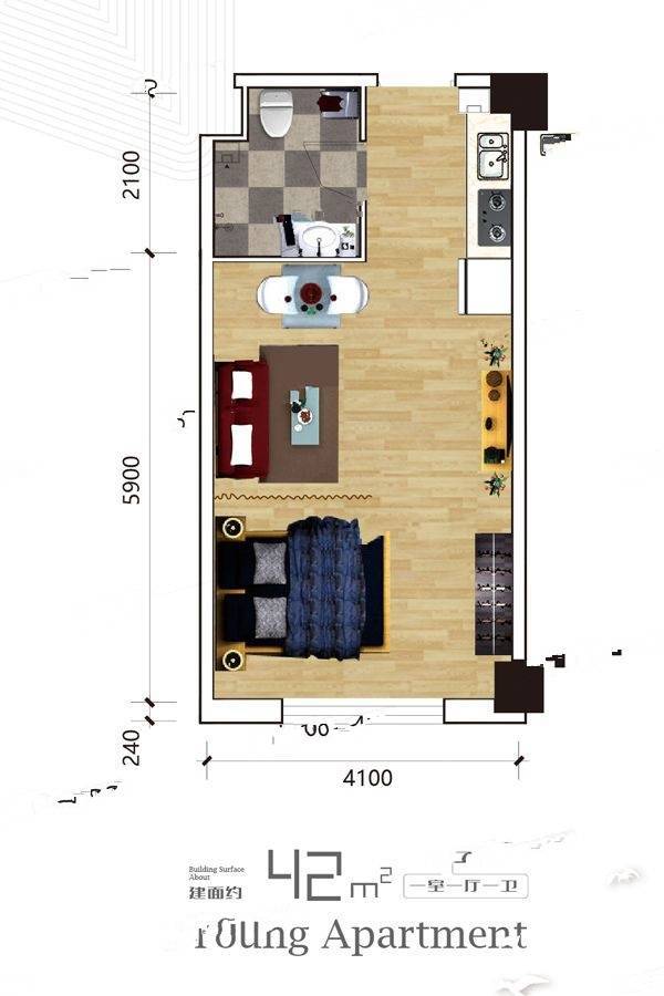 万隆广场1室1厅1卫42㎡户型图