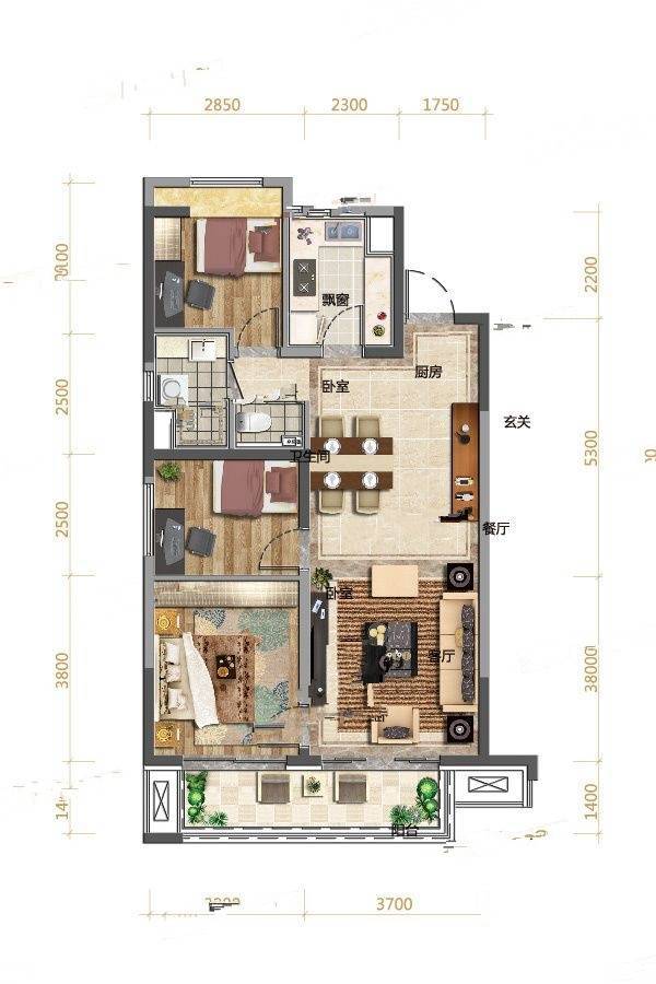 万科翡翠滨江3室2厅1卫107㎡户型图