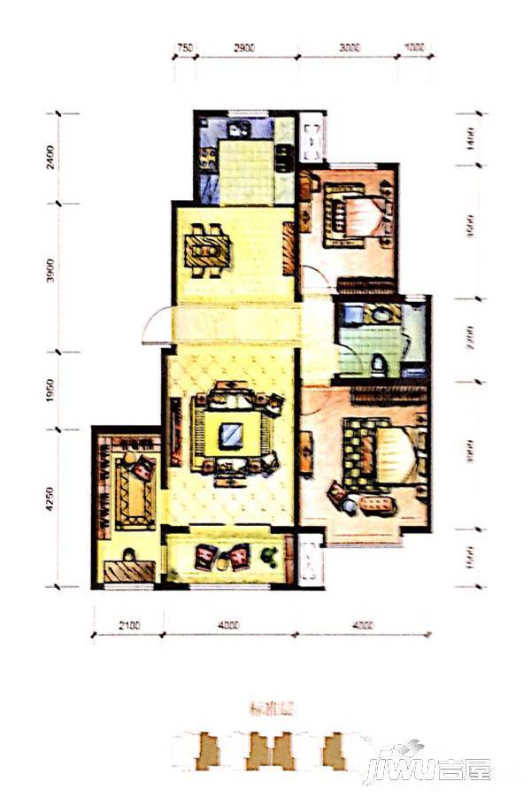 城投熙和园2室2厅1卫109㎡户型图