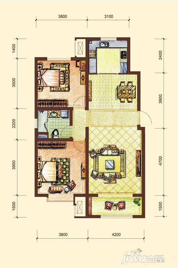 城投熙和园2室2厅1卫103㎡户型图