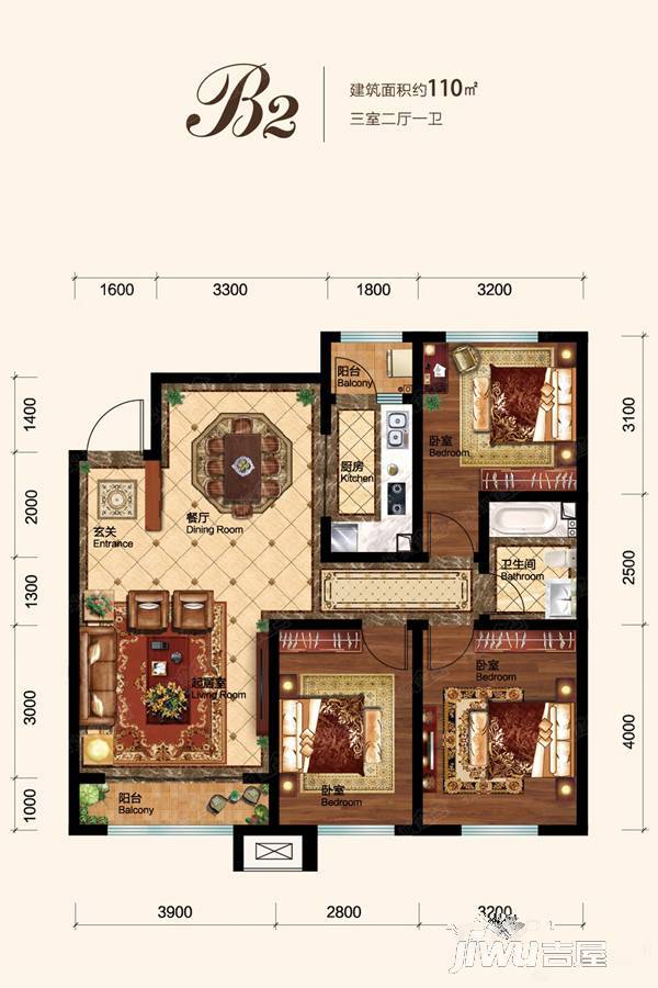 雍鑫红星国际广场3室2厅2卫110㎡户型图