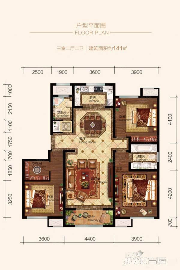 雍鑫红星国际广场3室2厅2卫141㎡户型图