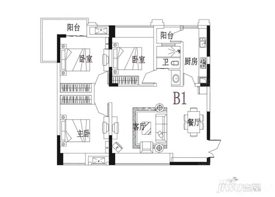 广天颐城3室2厅1卫98㎡户型图