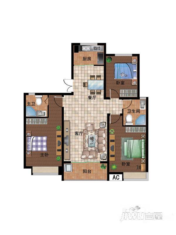 名门俏江南3室2厅2卫135㎡户型图