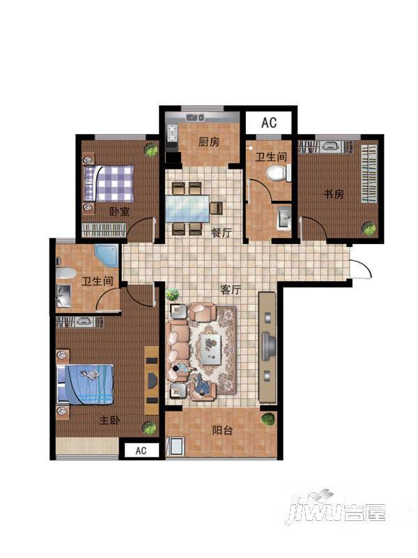 名门俏江南3室2厅2卫122㎡户型图