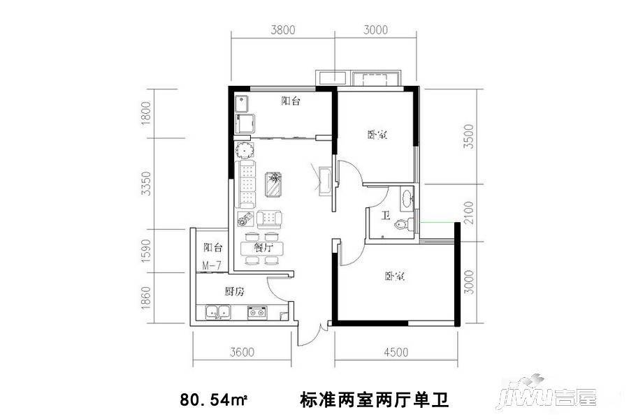 汉中汇锦城2室2厅1卫80.5㎡户型图