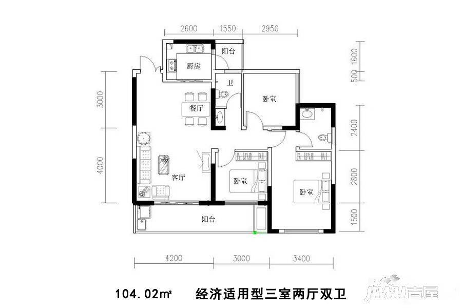 汉中汇锦城3室2厅2卫104㎡户型图