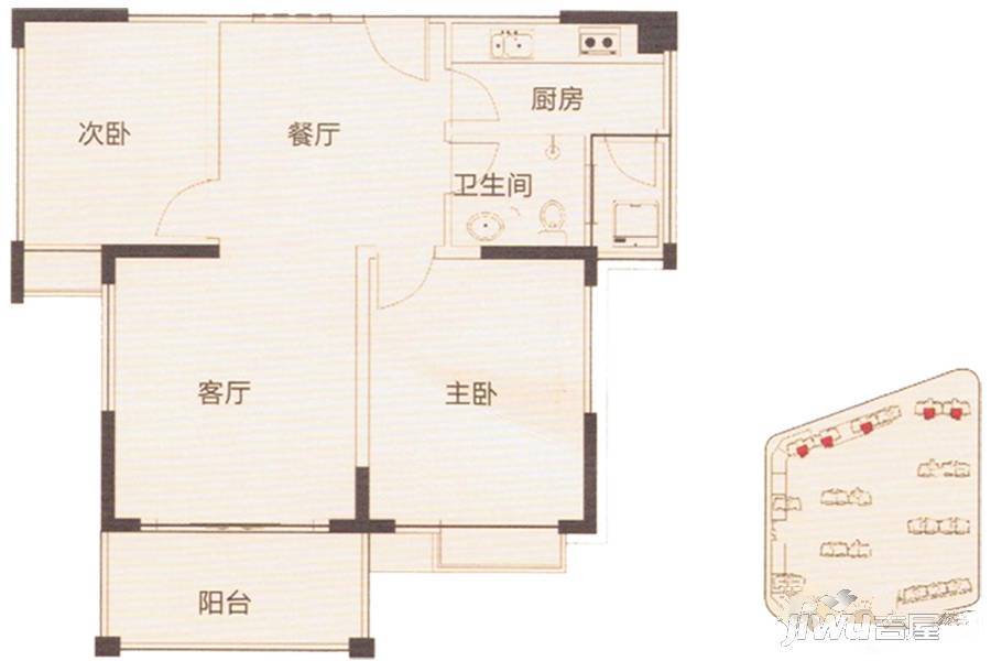 艾水清园2室2厅1卫88㎡户型图