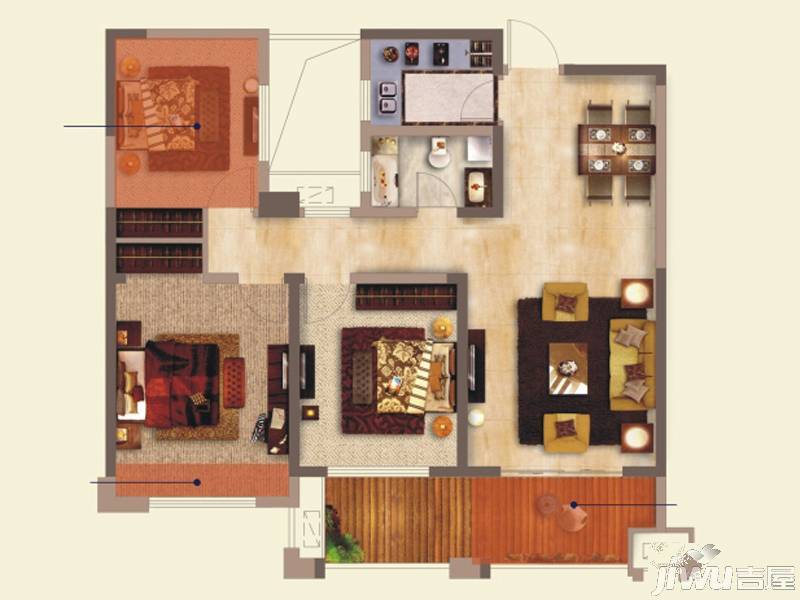 路通沁园3室2厅1卫96㎡户型图