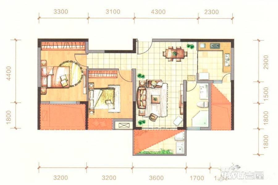 瑶湖豪宅商铺2室2厅1卫89.5㎡户型图