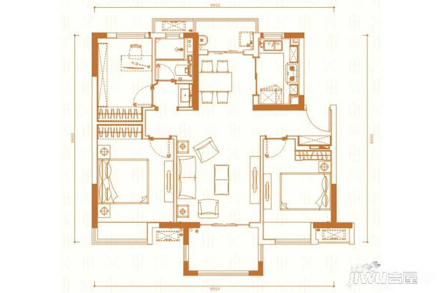 万科金域国际3室2厅1卫88㎡户型图