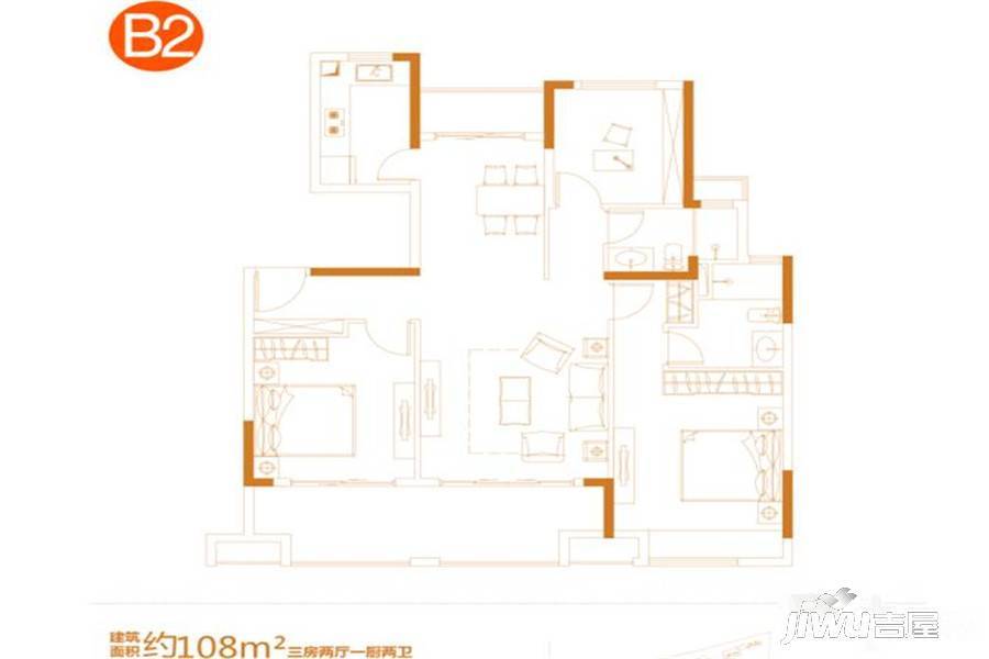 万科金域传奇3室2厅2卫108㎡户型图