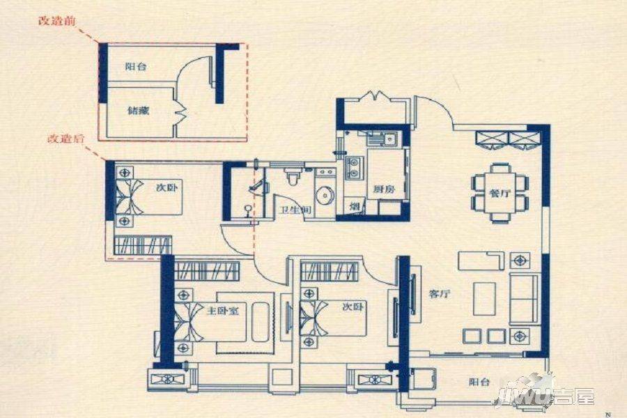 大唐东汇3室2厅1卫92.7㎡户型图