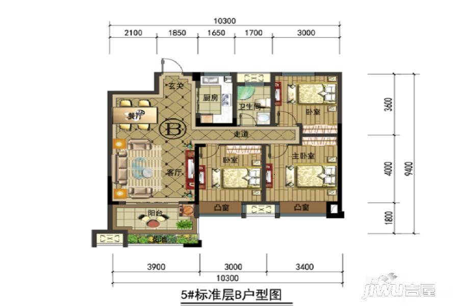 金佳云舒花城3室2厅2卫100㎡户型图