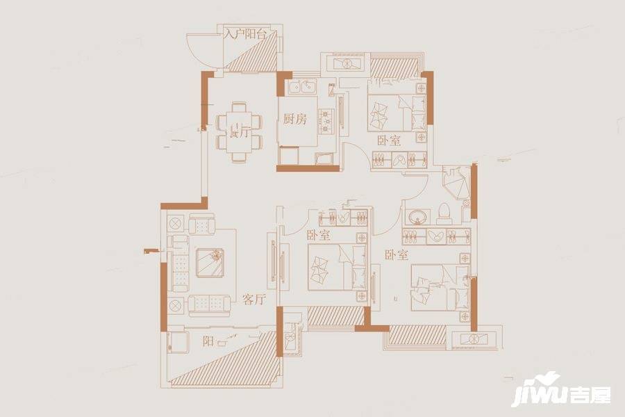 力高君御世家3室2厅1卫89㎡户型图