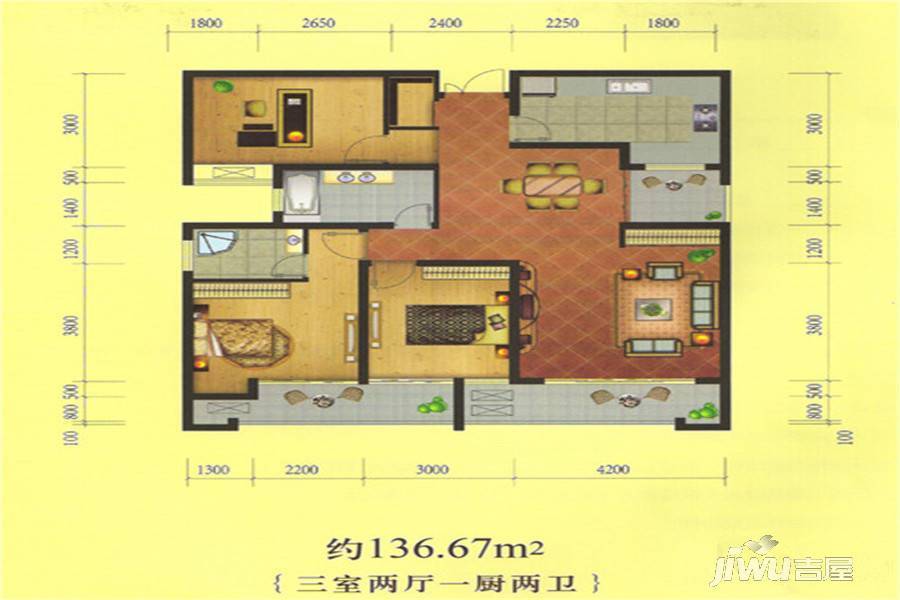 中泰国际广场3室2厅2卫136.7㎡户型图