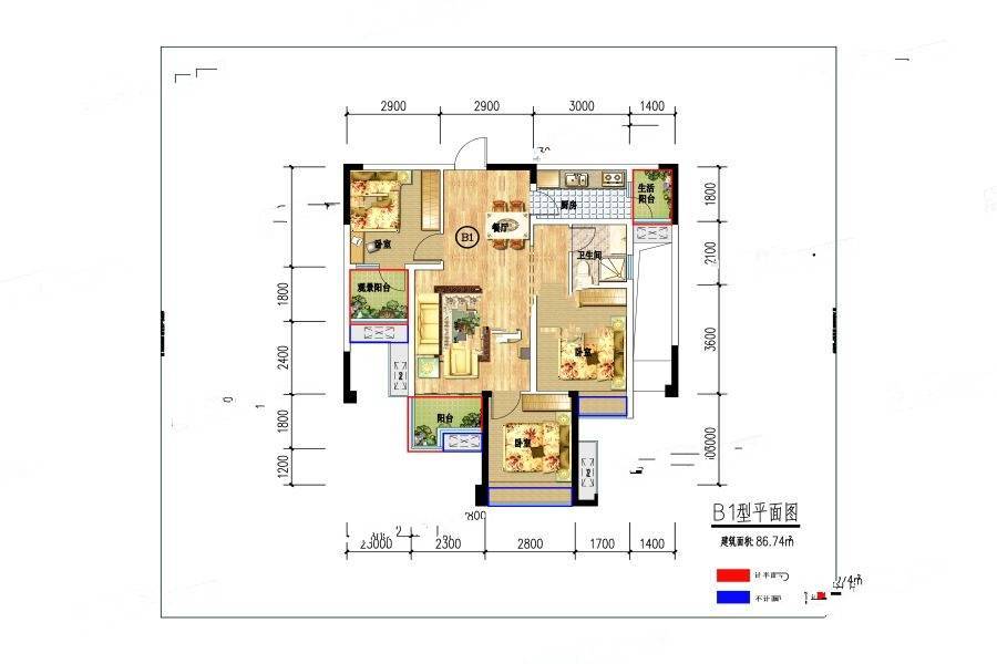 荣兴银河新城3室2厅1卫84.6㎡户型图