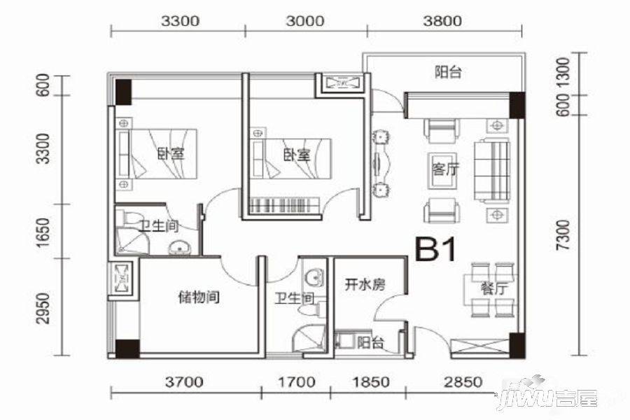 时代印象一期2室2厅2卫户型图