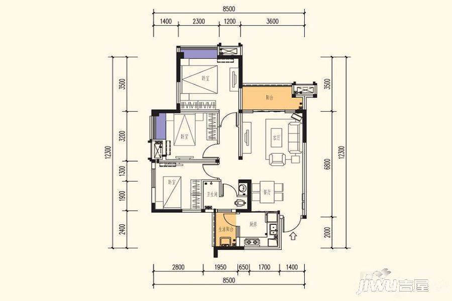 锦绣山河低碳智慧新城3室2厅1卫98.6㎡户型图