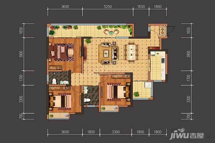 华珂山水城3室2厅2卫125㎡户型图