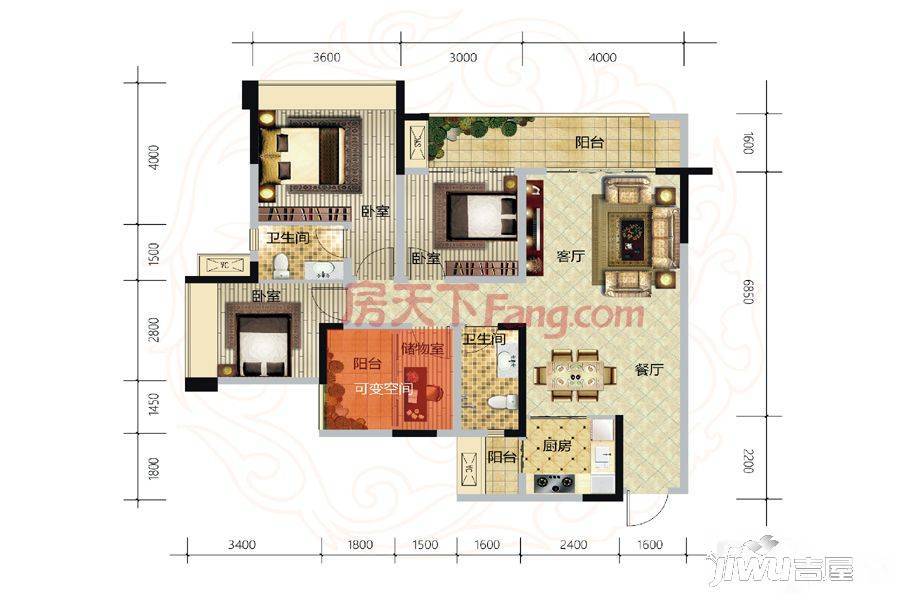 御锦凤凰城3室2厅2卫115.1㎡户型图