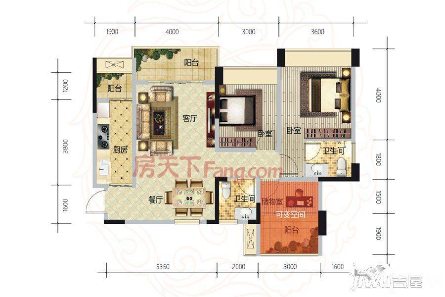 御锦凤凰城2室2厅2卫99.9㎡户型图