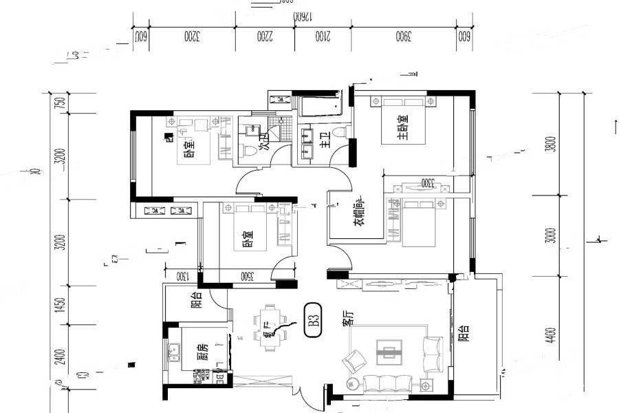 加德金融广场3室2厅2卫129.6㎡户型图